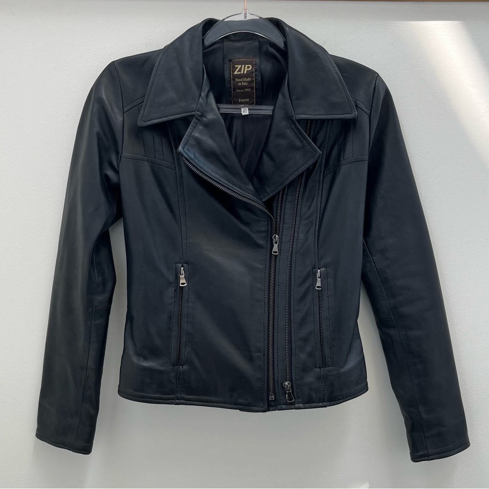 Zip Genuine Italian Leather Black Moto Jacket - Size 40